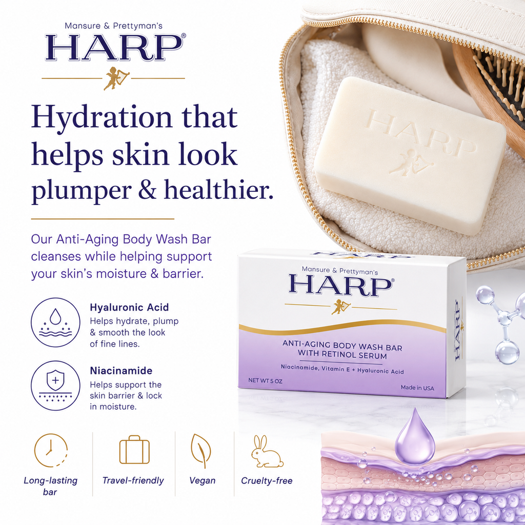 HARP® Anti-Aging Body Wash Bar with Retinol – pH Balanced Syndet Cleanser, FRAGRANCE FREE, Soap-Free & No Lye, Non-Comedogenic, With Niacinamide, Hyaluronic Acid & Vitamin E, 5 oz