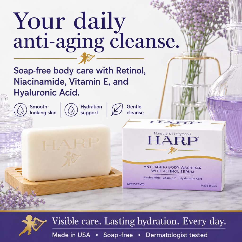 HARP® Anti-Aging Body Wash Bar with Retinol – pH Balanced Syndet Cleanser, FRAGRANCE FREE, Soap-Free & No Lye, Non-Comedogenic, With Niacinamide, Hyaluronic Acid & Vitamin E, 5 oz